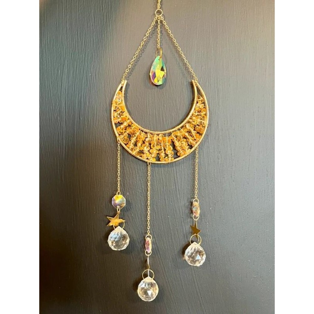 Citrine Gold Crescent Moon Crystal Suncatcher Wall Hanging